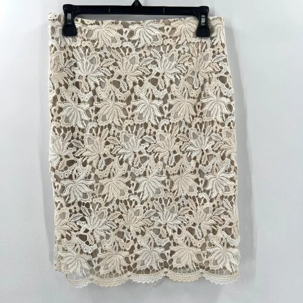 NEW Ann‎ Taylor floral lace pencil skirt white ivory knee length holiday lined 2